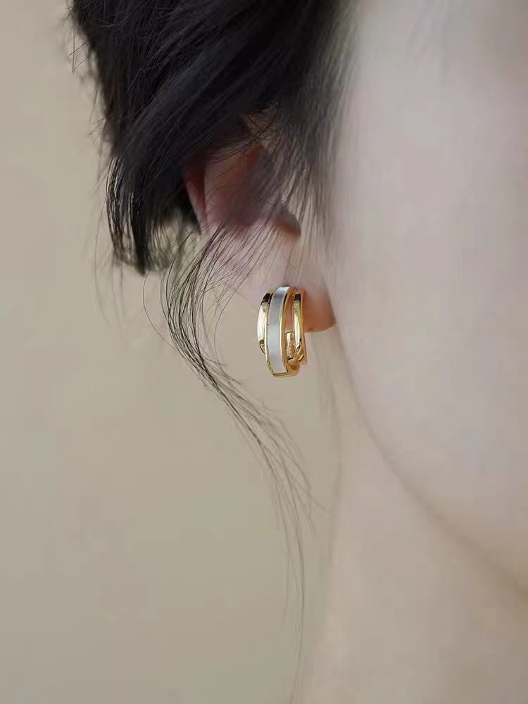18K Solid Gold Earrings in Mother of Pearl Au750, Real Gold Earring Etsy