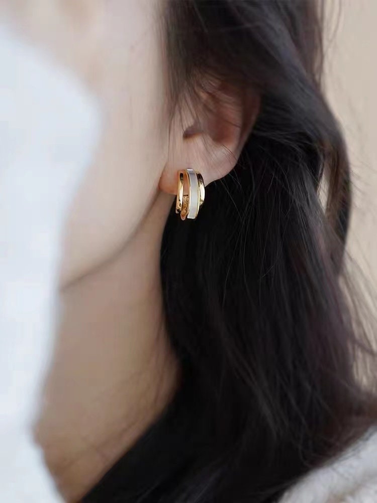 18K Solid Gold Earrings in Mother of Pearl Au750, Real Gold Earring Etsy