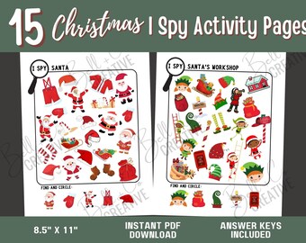 May include: A set of 15 printable Christmas I Spy activity pages. Each page features a different scene with a variety of Christmas-themed objects to find. The pages are 8.5 inches by 11 inches and include answer keys.