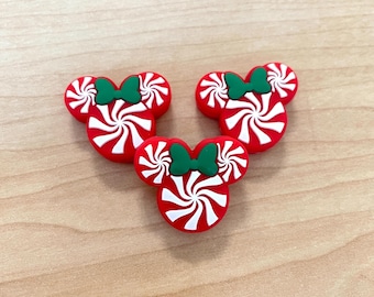 Peppermint Girl Mouse Silicone Focal Beads | Christmas Characters Holiday Mint Bow Candy Themed Loose Silicone Beads for DIY Crafts