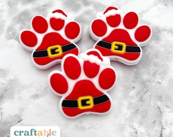 Christmas Paw Print Silicone Focal Beads | Christmas Santa Cat Dog Paw Animal Bulk Loose Silicone Beads for DIY Crafts