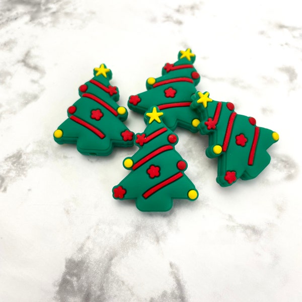 Christmas Tree Silicone Focal Beads | Holiday Santa Themed Loose Silicone Beads, Bulk Silicone Beads for DIY Wristlets & Keychains