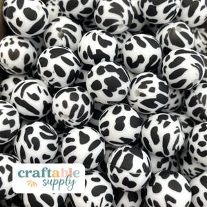 15mm Black Cow Print Silicone Beads | Western Animal Print Beads | Loose Wholesale Bulk Food Grade Silicone Round Beads for DIY Crafts