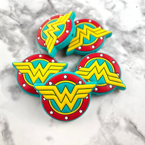 Wonder Super Hero Shield Silicone Focal Beads | Super Girl Woman Cartoon Loose Silicone Beads, Bulk Silicone Beads for DIY Crafts