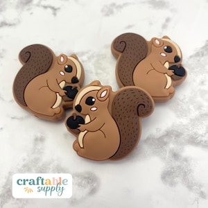 May include: Three brown and black cartoon squirrel charms with white accents. Each squirrel is holding a brown nut in its paws.