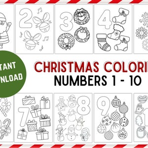 Christmas Numbers 1 - 10 Coloring Page Worksheets for Preschool Kindergarten Toddler Homeschool | Instant Download Printable Number Activity