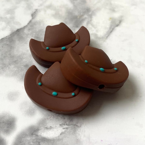 Cowboy Hat w/ Turquoise Stone Accents Silicone Focal Bead | Cowgirl Loose Beads, Country Mama Focal Silicone Beads | 28mmx20mm