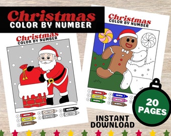 May include: Two printable Christmas color by number pages. One page features Santa Claus delivering a gift down a chimney. The other page features a gingerbread man holding a candy cane. Both pages include a color key with crayons.