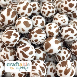 15mm Brown Cow Print Silicone Beads | Western Animal Print Beads | Loose Wholesale Bulk Food Grade Silicone Round Beads for DIY Crafts