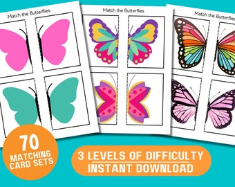 May include: A set of 70 printable butterfly matching cards with three levels of difficulty. The cards feature colorful butterflies with different patterns and colors. The cards are labeled "Match the Butterflies".