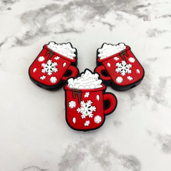 Snowflake Mug Silicone Focal Beads | Holiday Christmas Cofffee Themed Loose Silicone Beads for Beadable Pens & DIY Keychains