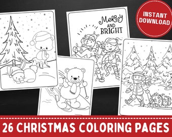 May include: A set of 26 black and white Christmas coloring pages featuring illustrations of a bunny, a bear, a Christmas tree, and children. The text "Merry and Bright" is included on one of the pages.