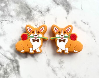 Corgi Dog Silicone Focal Beads | Corgi Rose Flower Valentines Love Loose Silicone Beads, Animal Bulk Silicone Beads for DIY Crafts