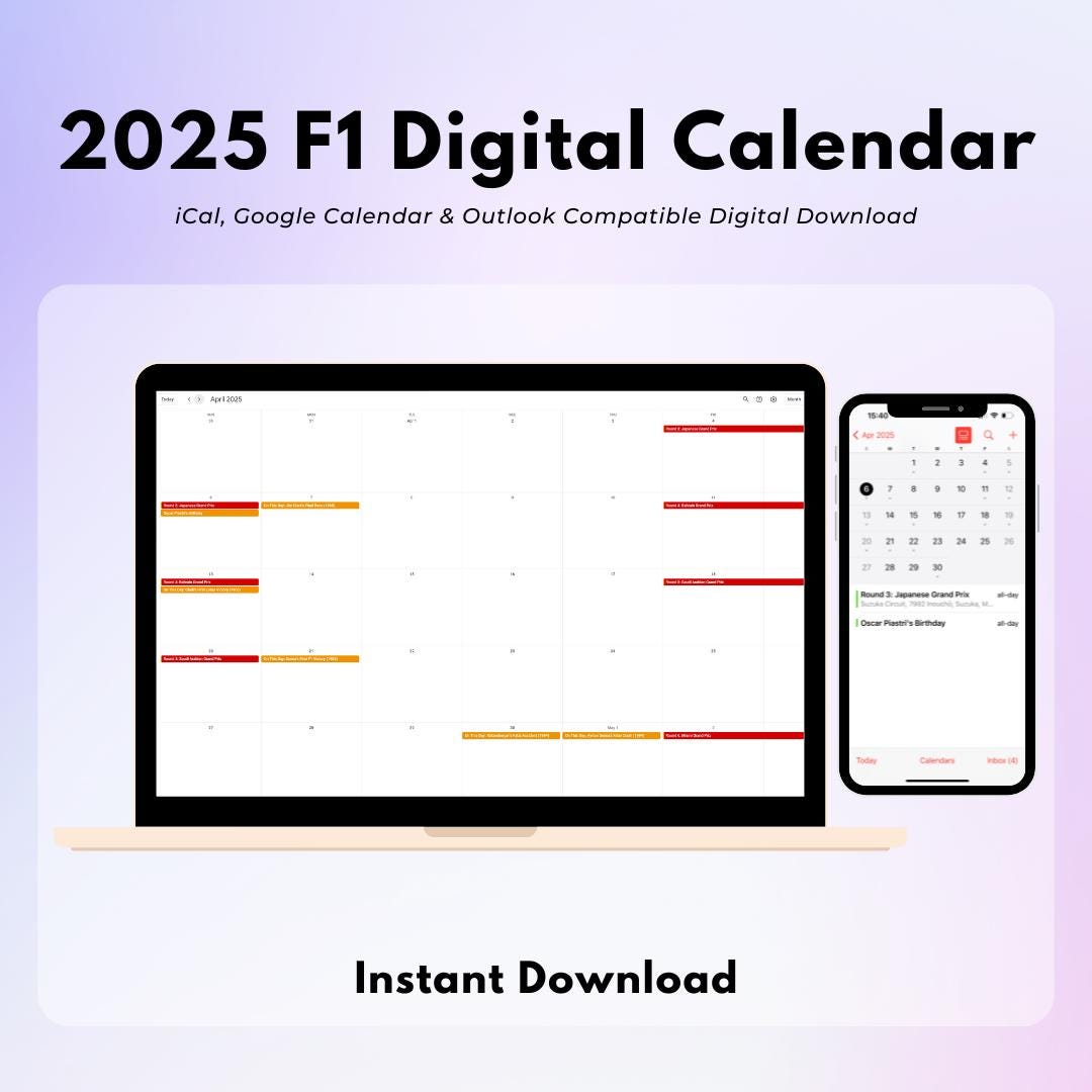 2025 F1 Digital Calendar Race Schedule, Driver Birthdays and F1 History