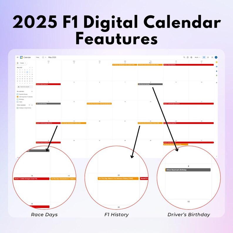 2025 F1 Digital Calendar Race Schedule, Driver Birthdays and F1 History