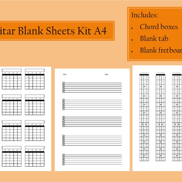 Guitar blank sheets kit, fretboard, chord boxes, tabs, printable