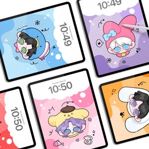 May include: Several digital tablets showcasing cartoon character wallpapers. Each tablet features a different character on a unique background, including blue, purple, pink, and orange. The time 10:49 or 10:50 is displayed on each screen.