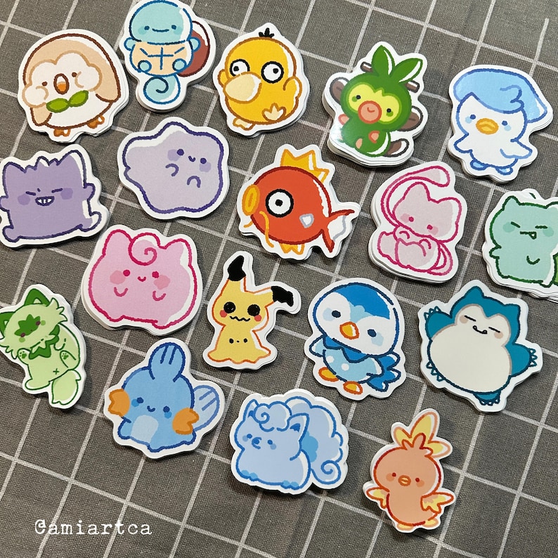 Adesivo de vinil kawaii de Pokémon | Jigglypuff, Mimikyu, Rowlet, Mew, Snorlax | Adesivo à prova d'água para laptop, caderno, Kindle, bullet journal, garrafa de água imagem 1