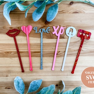 Digital SVG Laser Cut Valentine&#39;s Day Drink Stirrers / Laser Cut Swizzle Stick / Laser Cut File / Glowforge SVG / Drink Stir Digital File