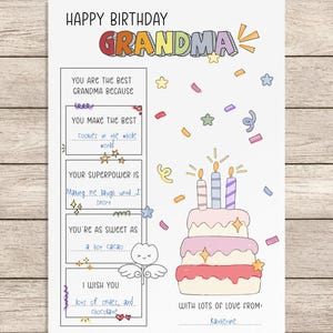 Carte d'anniversaire grand-mère imprimable | Joyeux anniversaire à colorier pour grand-mère | Joli cadeau d'anniversaire DIY pour grand-mère | Carte imprimable pour enfants