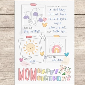 Cartão de aniversário para mãe para imprimir | Página de colorir de feliz aniversário para mãe para crianças | Desejos de aniversário para mãe | Modelo de cartão de presente de aniversário para mãe faça você mesmo