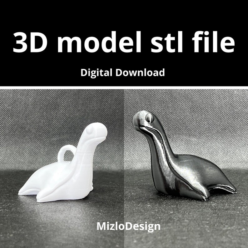 May include: Two 3D printed models of a stylized dinosaur, one white and one silver, on a gray textured surface. The image includes the text "3D model stl file" and "Digital Download".