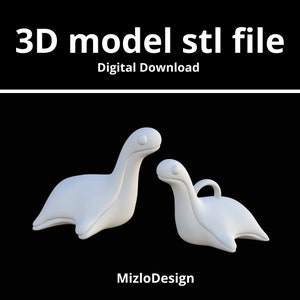May include: 3D model STL file Digital Download. Two white, cartoon-like, stylized sea serpent figures. The larger serpent is lying down with its head turned to the side. The smaller serpent is sitting up with its head turned to the side. The smaller serpent has a handle on its back.