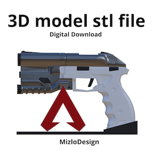 以下が含まれることがあります： 白と黒の未来的なピストルの3DモデルSTLファイルのデジタルダウンロード。画像の上には「3D model stl file」と「Digital Download」のテキストが表示されています。画像の下には「MizloDesign」のテキストが表示されています。