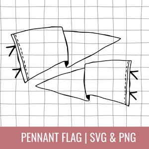 Puede incluir: Ilustración en blanco y negro de dos banderas de banderín. Las banderas son triangulares con una sección superior rectangular. El texto "PENNANT FLAG | SVG & PNG" está en la parte inferior de la imagen.