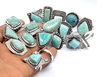 Mix Lot Of Natural Amazonite Gemstone Rings, Green Amazonite Gemstone Bezel Rings Lot, Amazonite Silver Plated Ring Jewellery Lot