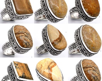 Brown Japer Natural Assorted Gemstone Rings ,US Mix Size 6-9 German Silver Rings, Handmade Jewellery Ring, vintage Rings, Mix Lot Rings