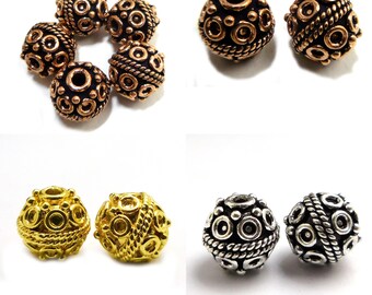 10mm Round Bali Bead Oxidized Silver Plated, Oxidized Copper, 18k Gold Plated Jewelry Making Solid Copper Beads ( 4 Pcs).