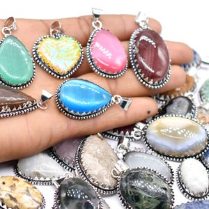 Natural Gemstones Mix Gemstone Pendant Lot / Double Stone Pendant / Bulk Jewellery / Wholesale Lot / 925 Sterling Silver Plated.
