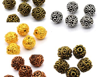 10mm Round Bali Bead Oxidized Silver, Oxidized Brass, Oxidized Copper, Oxidized Gold And 18k Gold Plated Bead. (4 Pieces ).