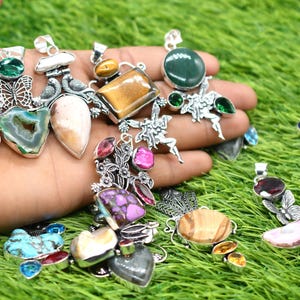 Natural Mix Gemstone Pendant, Vintage Style Pendant, Statement Pendant For Women Chunky Gemstone Wholesale Lot, 925 Sterling Silver Plated