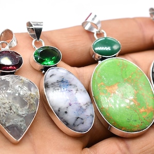 May include: A hand displays five gemstone pendants. The pendants have silver settings and feature various stones, including tiger's eye, garnet, green, and a black and white agate. Each pendant has a unique shape and color, showcasing the natural beauty of the gemstones.