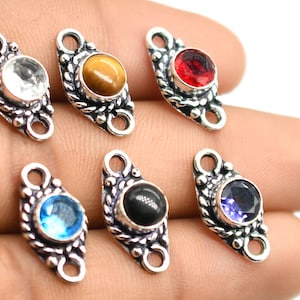 20 x 11 mm koppling i antikpläterad silver med röd granat, tigeröga, ametist och andra ädelstenar, smyckeskoppling med dubbel ögla NC24-29.