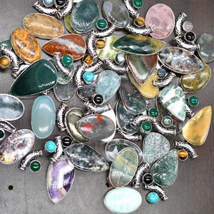 Silver Pendants Lot , Multi Gemstone Pendants Lot , Mix Gemstone Pendant ,Mix Sizes Pendants ,Natural Gemstone Pendant, Silver Jewelry.