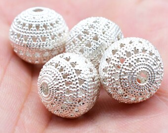 16mm Round Bali Filigree Bead Real Silver Plated Bead Solid Copper Bead  Spacer Bead  ( 2 Pieces )