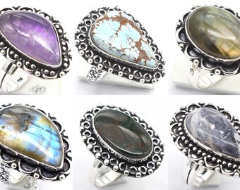 Vintage Style Ring / Natural Mix Gemstone Ring / Statement Ring For Women / Chunky Gemstone Wholesale Lot / 925 Sterling Silver Plated Ring