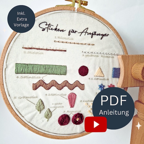 Sticken für Anfänger Digitale Vorlage, Modern Embroidery Beginner, Sticken lernen, Anfänger Sticken, Plattstich, Blumen sticken