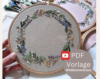Embroidery pattern PDF wildflower wreath, flower wreath, digital instructions, template PDF, embroidery for beginners