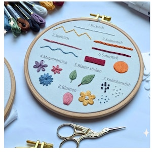 May include: An embroidery hoop with various stitched examples, including back stitch, stem stitch, chain stitch, and satin stitch. The design also features embroidered flowers, leaves, and a circle. Gold scissors and colorful thread spools are also visible.