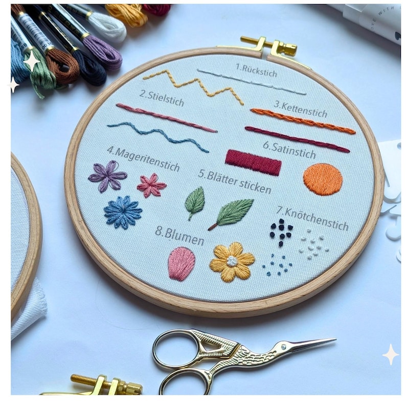 May include: An embroidery hoop with various stitched examples, including back stitch, stem stitch, chain stitch, and satin stitch. The design also features embroidered flowers, leaves, and a circle. Gold scissors and colorful thread spools are also visible.