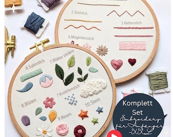 Könnte beinhalten: Zwei Stickrahmen mit verschiedenen Stichbeispielen und floralen Designs. Die Rahmen sind in Holzrahmen, die verschiedene Stiche wie Plattstich, Stielstich und Kettstich zeigen. Garnrollen in verschiedenen Farben sind um die Rahmen herum verstreut.