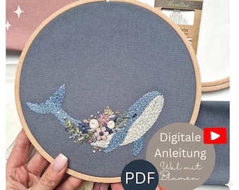 Embroidery pattern PDF whale with flowers, embroidery for children, digital instructions, boho whale template, embroidery for children's rooms