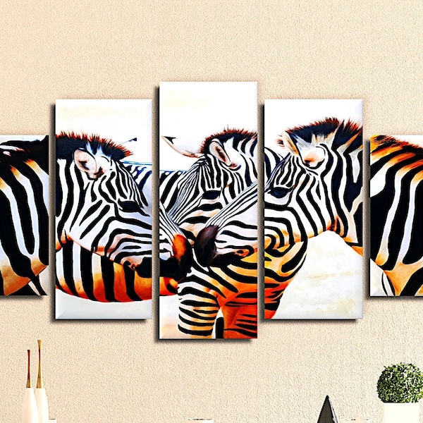 Zebra Original Painting on Canvas, Multi Panel Zebra Herd Painting, Hand Painted Canvas Art For Home Decor, Wall Portrait, African Wall Art