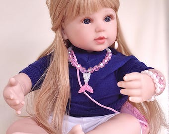 Reborn Baby Doll, Cute Doll with Blond Hair, 23 inches, 58cms, Soft Vinyl Cloth Body, Lifelike Realistic Toddler Girl Doll, Ready To Ship