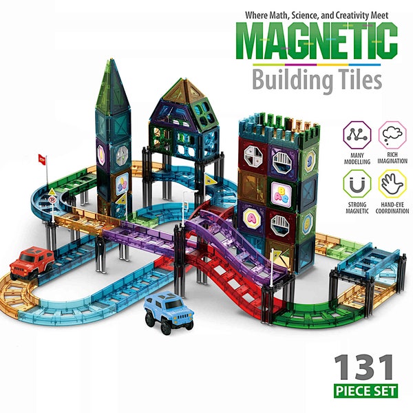 Magnetic Building Blocks 131 Pieces Car Tracks Set, Construction Blocks, DIY Magnetic Tiles, Educational Toys, Gift for Children, STEM Toys