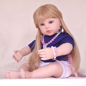 Reborn Baby Doll, Cute Doll with Blond Hair, 23 inches, 58cms, Soft Vinyl Cloth Body, Lifelike Realistic Toddler Girl Doll, Ready To Ship